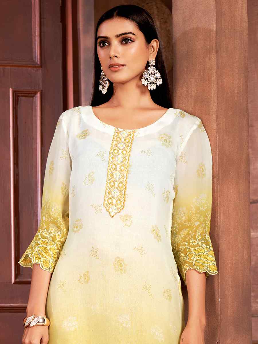 Yellow Pure Organza Embroidered Festival Casual Ready Pant Salwar Kameez