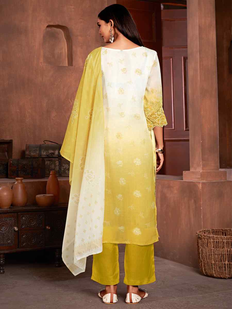 Yellow Pure Organza Embroidered Festival Casual Ready Pant Salwar Kameez