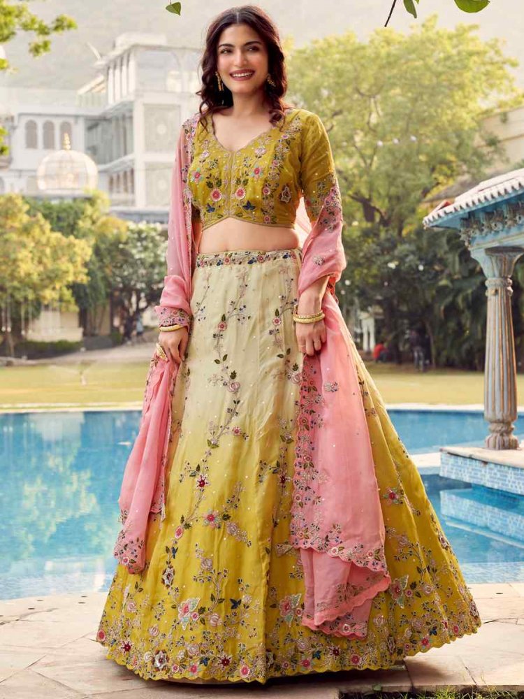 Yellow Pure Organza Embroidered Reception Party Wear Heavy Border Lehenga Choli