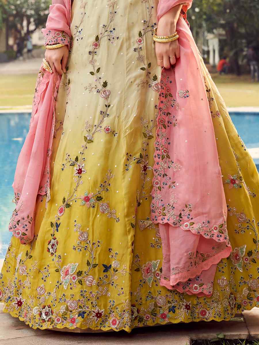 Yellow Pure Organza Embroidered Reception Party Wear Heavy Border Lehenga Choli