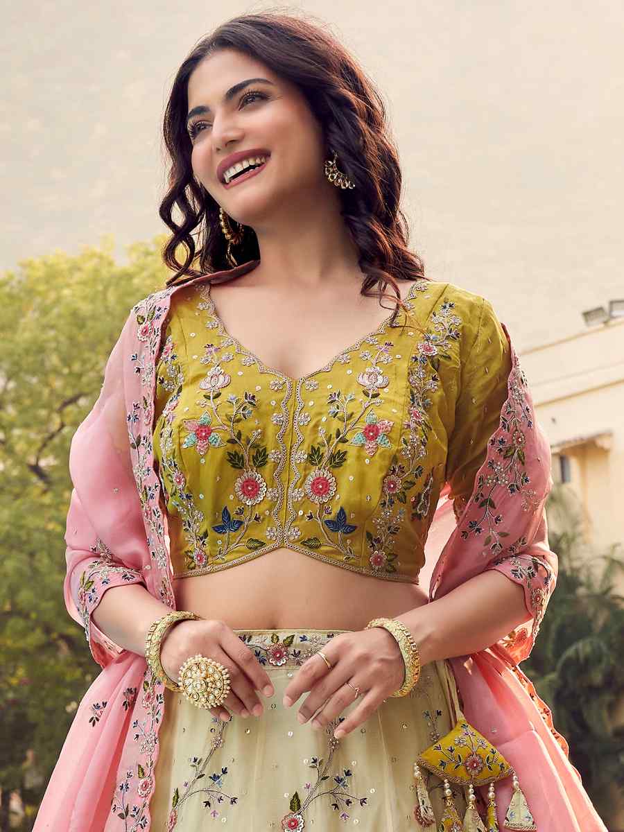 Yellow Pure Organza Embroidered Reception Party Wear Heavy Border Lehenga Choli