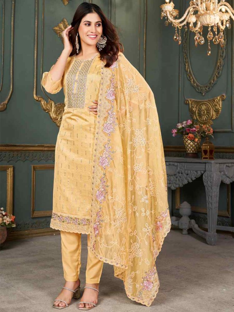 Yellow Pure Organza Embroidered Wedding Festival Pant Salwar Kameez