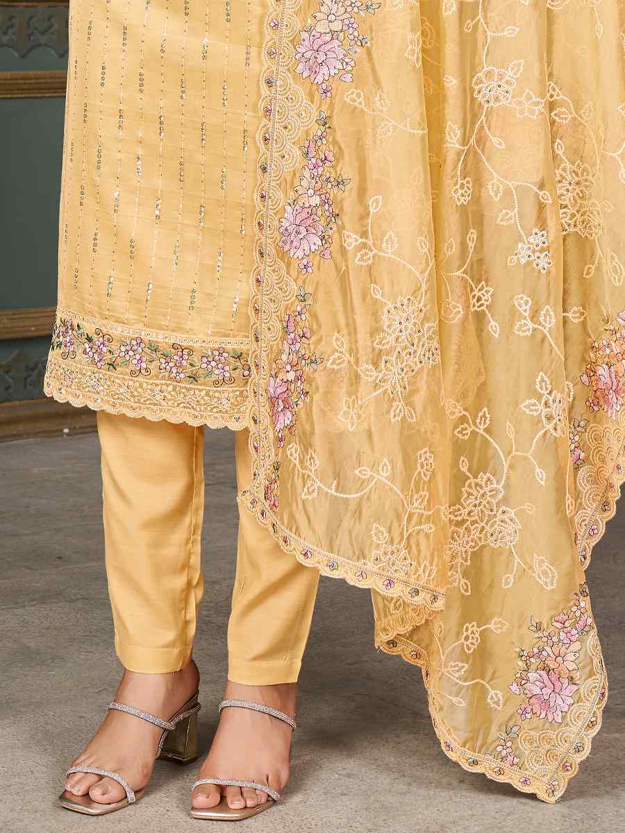 Yellow Pure Organza Embroidered Wedding Festival Pant Salwar Kameez