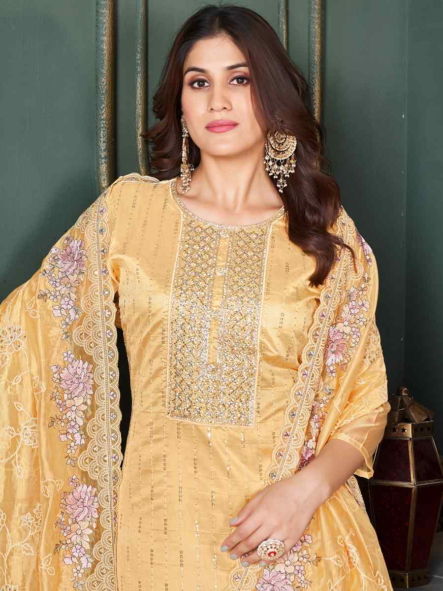 Yellow Pure Organza Embroidered Wedding Festival Pant Salwar Kameez