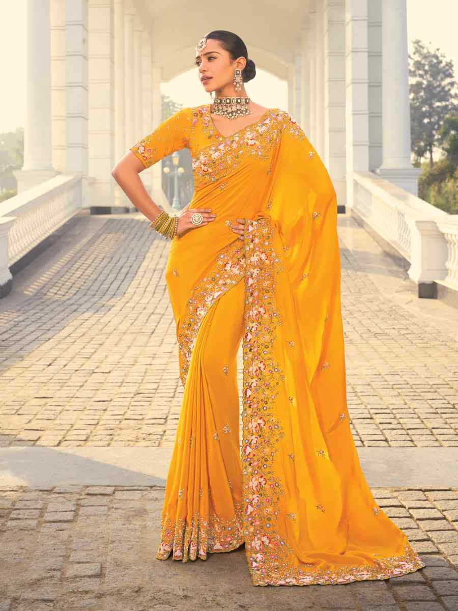 Yellow Pure Silk  Embroidered Festival Party Classic Style Saree