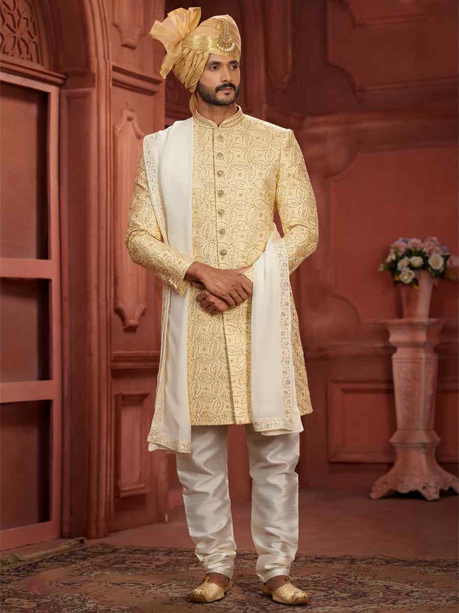 Yellow Pure Silk Embroidered Groom Wedding Sherwani