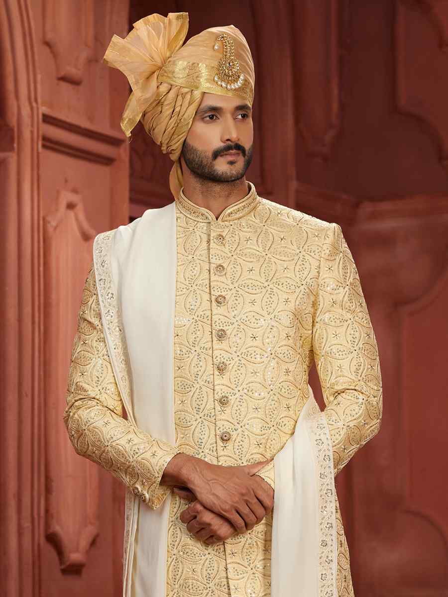 Yellow Pure Silk Embroidered Groom Wedding Sherwani