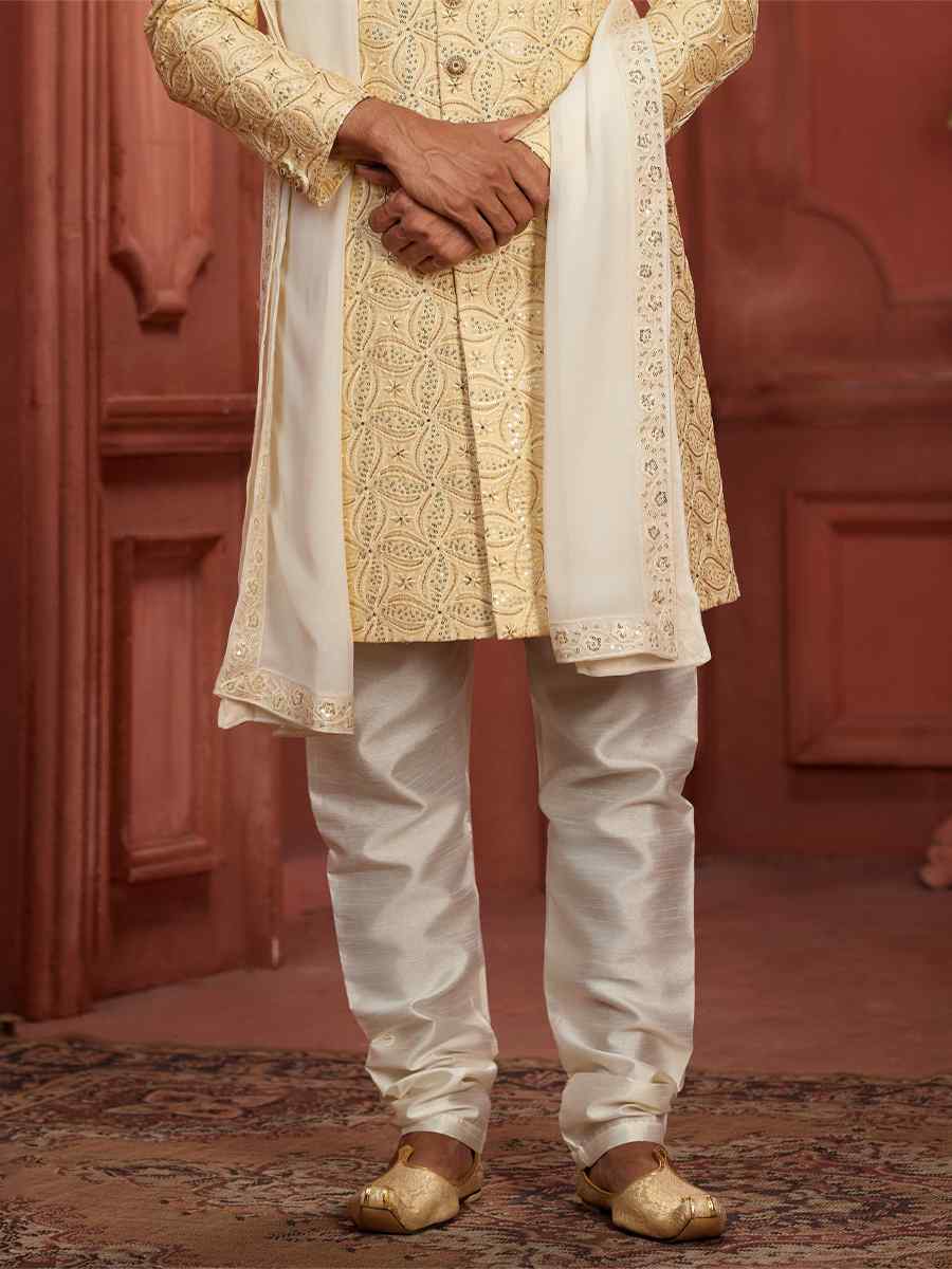 Yellow Pure Silk Embroidered Groom Wedding Sherwani