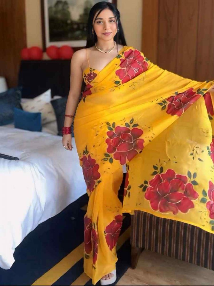Yellow Pure Soft Georgette Silk Handwoven Festival Wedding Heavy Border Saree