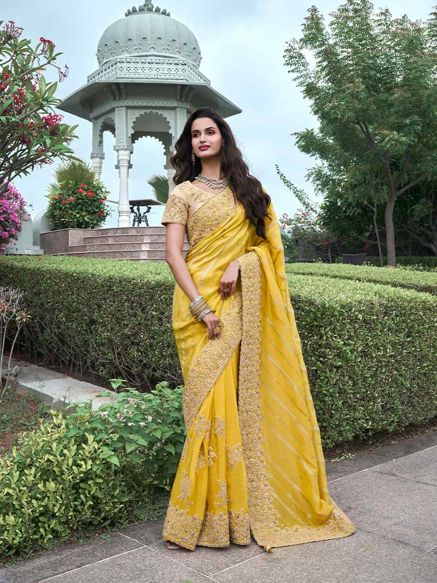 Yellow Pure Tissue Silk Embroidered Reception Wedding Heavy Border Saree