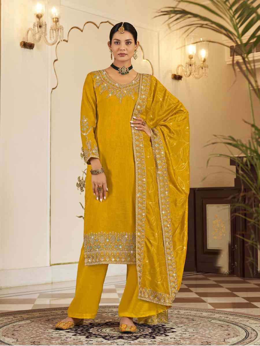 Yellow Pure Vichitra Embroidered Festival Wedding Pant Salwar Kameez