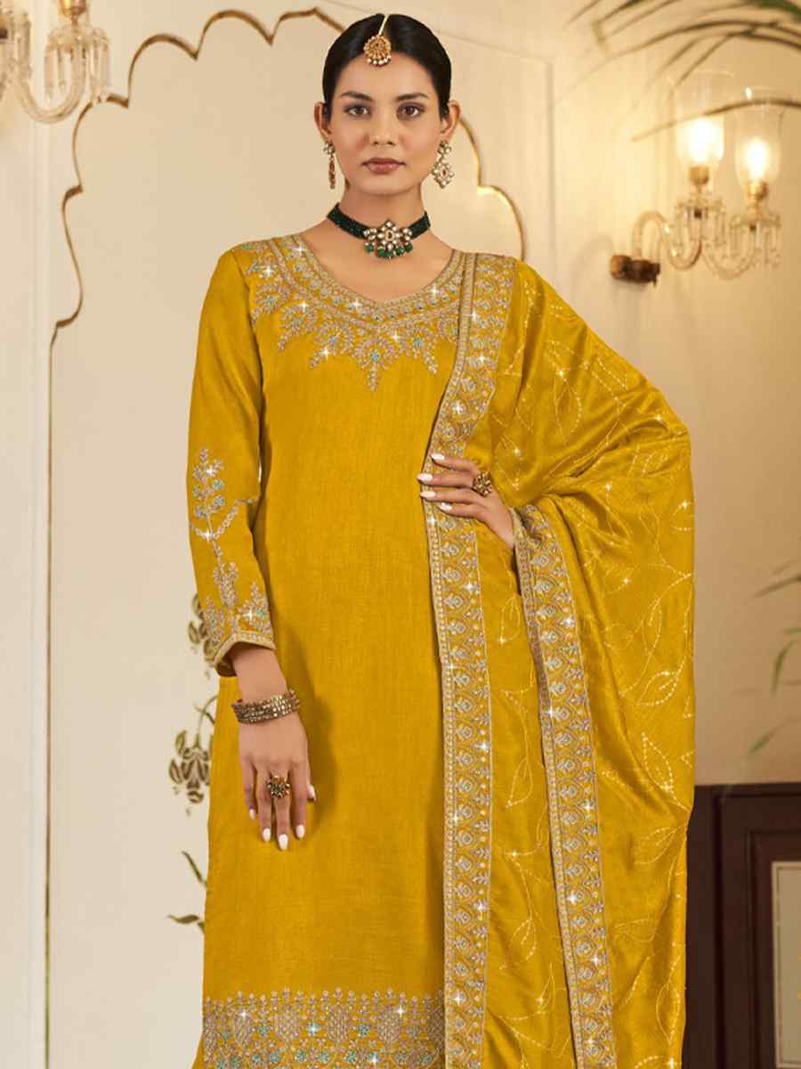 Yellow Pure Vichitra Embroidered Festival Wedding Pant Salwar Kameez