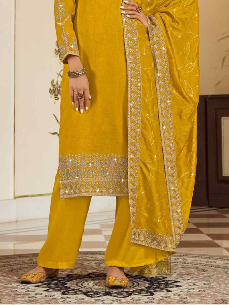 Yellow Pure Vichitra Embroidered Festival Wedding Pant Salwar Kameez