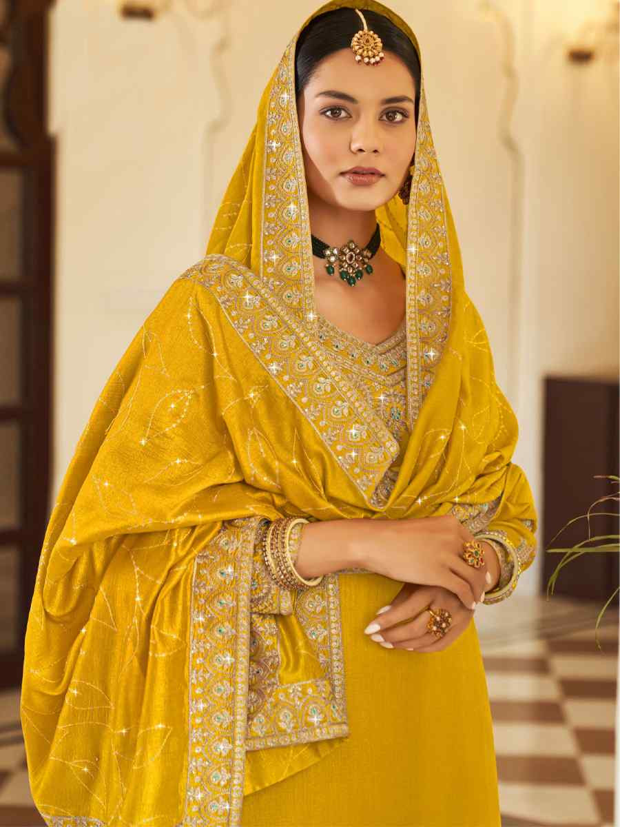 Yellow Pure Vichitra Embroidered Festival Wedding Pant Salwar Kameez