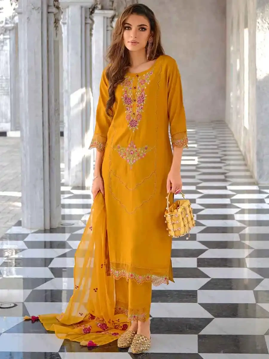 Yellow Pure Viscose Embroidered Festival Casual Ready Pant Salwar Kameez