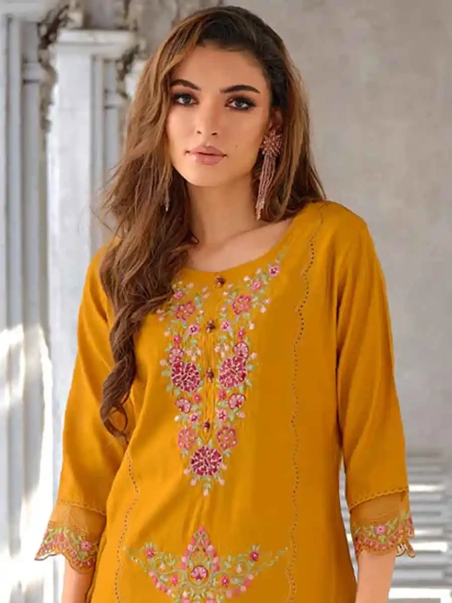 Yellow Pure Viscose Embroidered Festival Casual Ready Pant Salwar Kameez