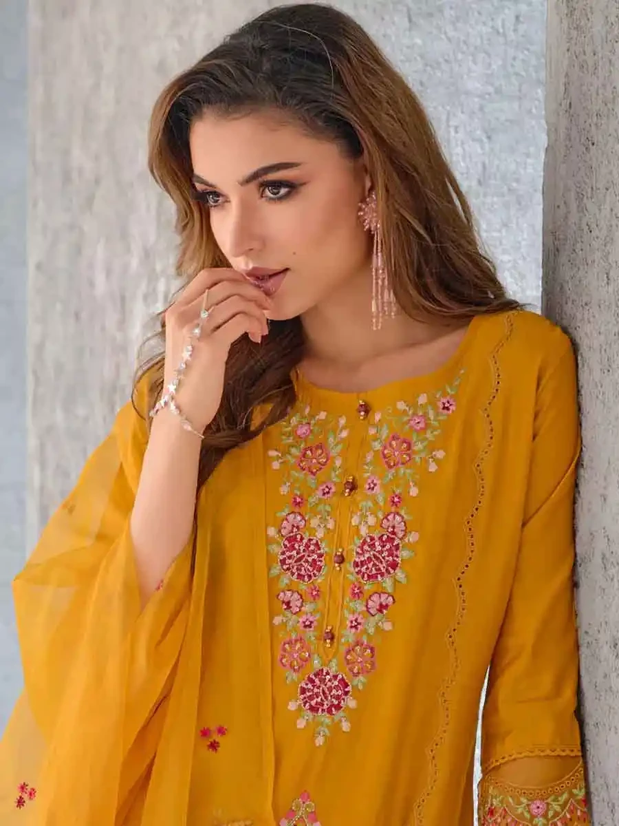 Yellow Pure Viscose Embroidered Festival Casual Ready Pant Salwar Kameez