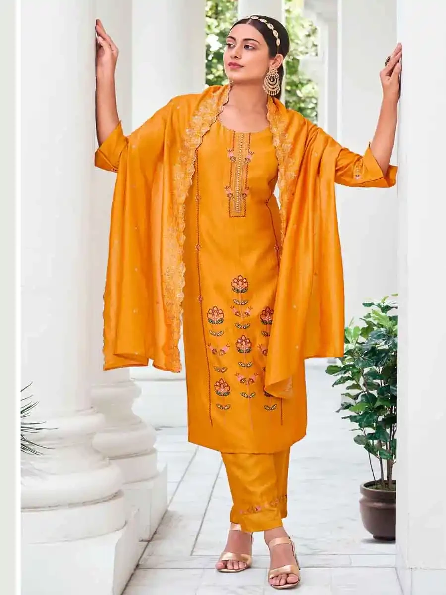 Yellow Pure Viscose Embroidered Festival Casual Ready Pant Salwar Kameez