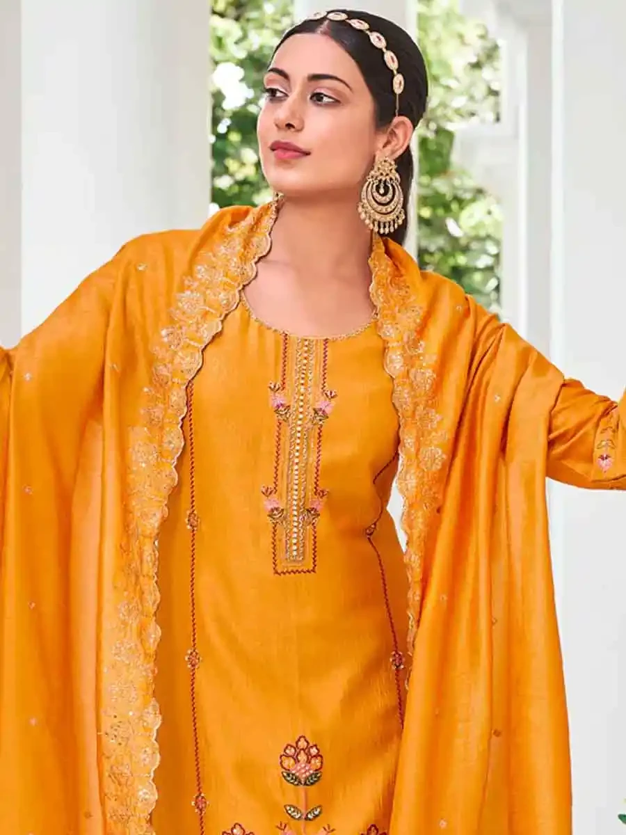 Yellow Pure Viscose Embroidered Festival Casual Ready Pant Salwar Kameez