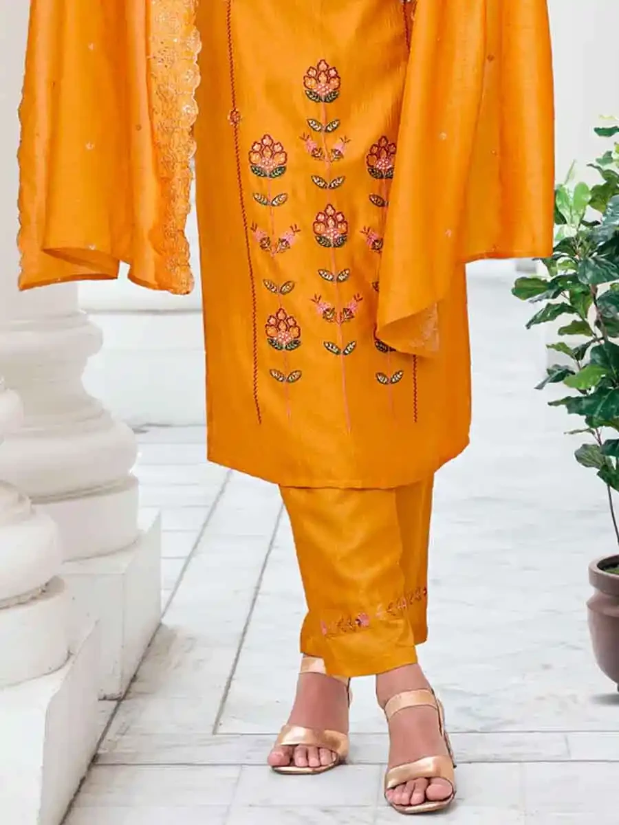 Yellow Pure Viscose Embroidered Festival Casual Ready Pant Salwar Kameez