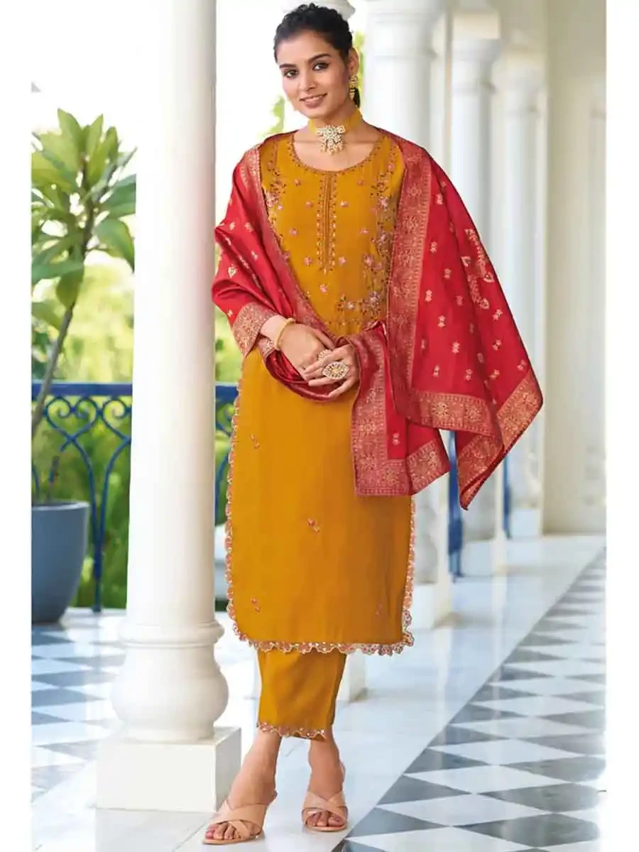 Yellow Pure Viscose Embroidered Festival Casual Ready Pant Salwar Kameez