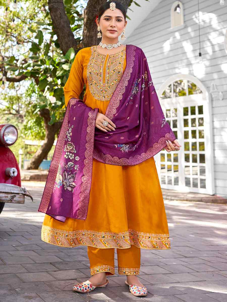 Yellow Pure Viscose Vichitra Silk Embroidered Festival Casual Anarkali Ready Salwar Kameez