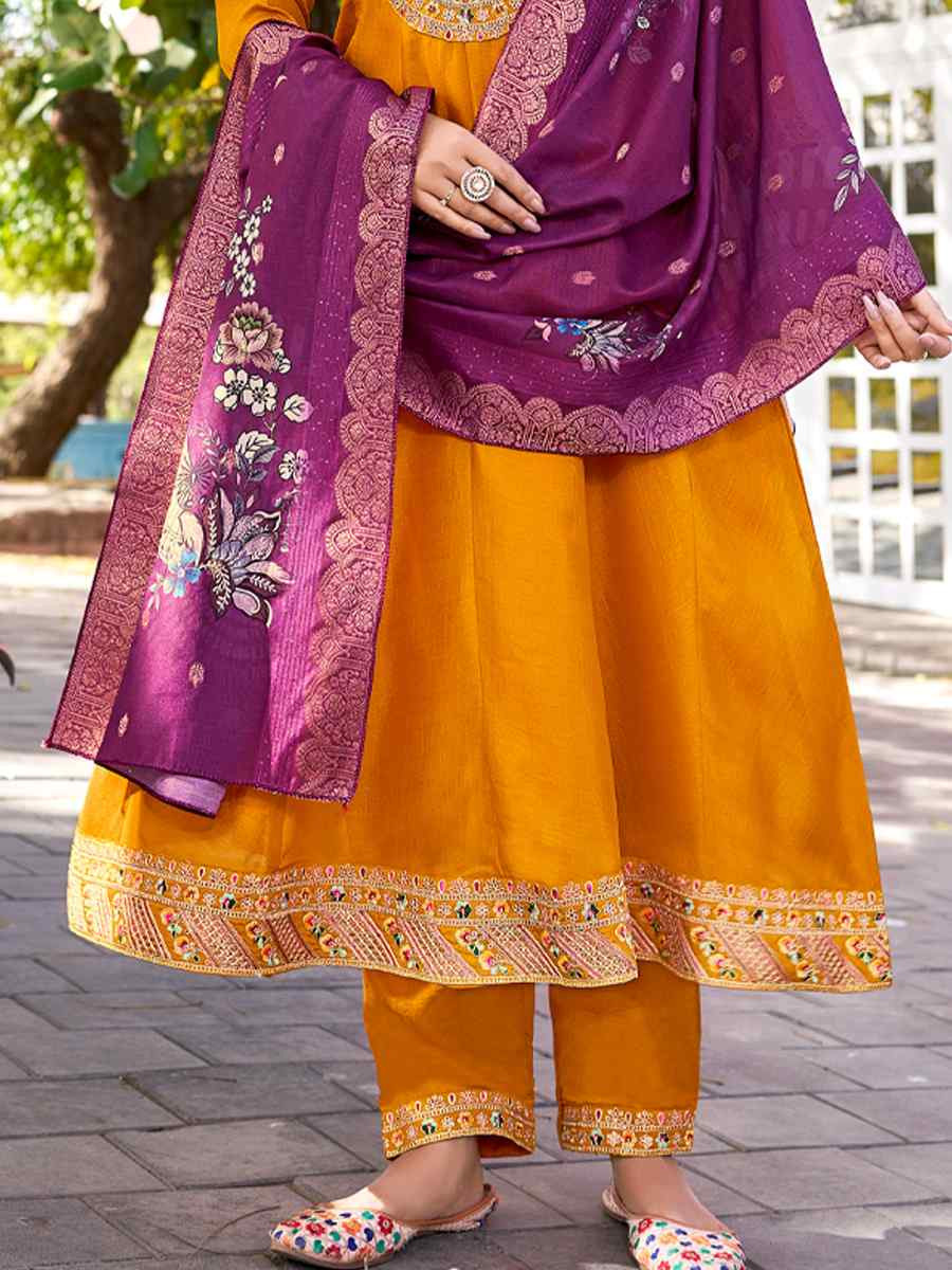 Yellow Pure Viscose Vichitra Silk Embroidered Festival Casual Anarkali Ready Salwar Kameez