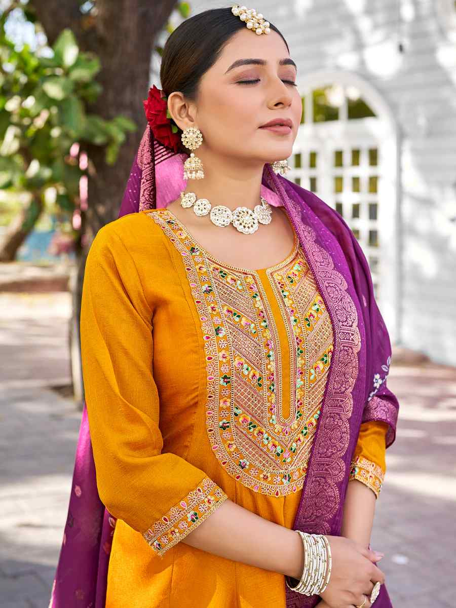 Yellow Pure Viscose Vichitra Silk Embroidered Festival Casual Anarkali Ready Salwar Kameez