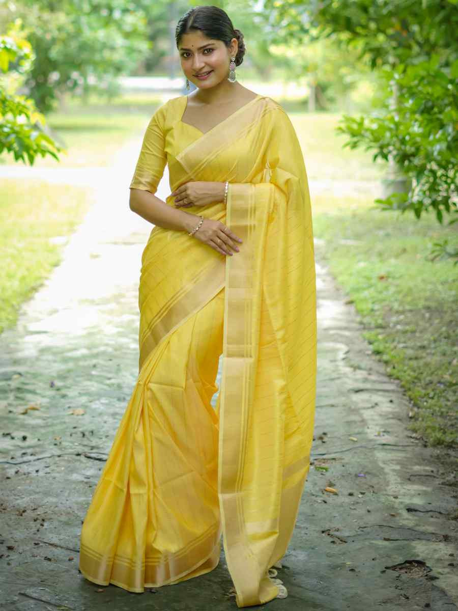 Yellow Raw Silk Handwoven Festival Wedding Heavy Border Saree