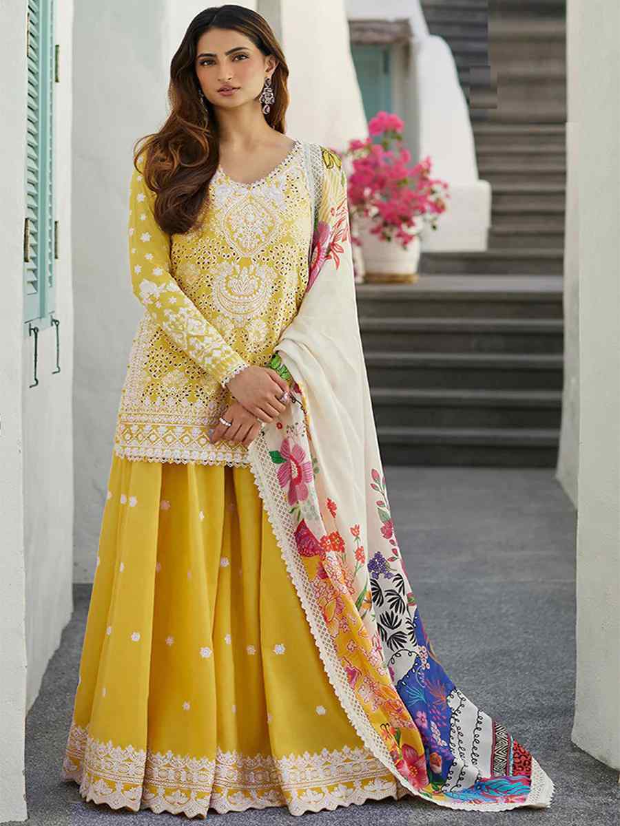 Yellow Rayon Cotton Embroidered Festival Casual Sharara Pant Salwar Kameez