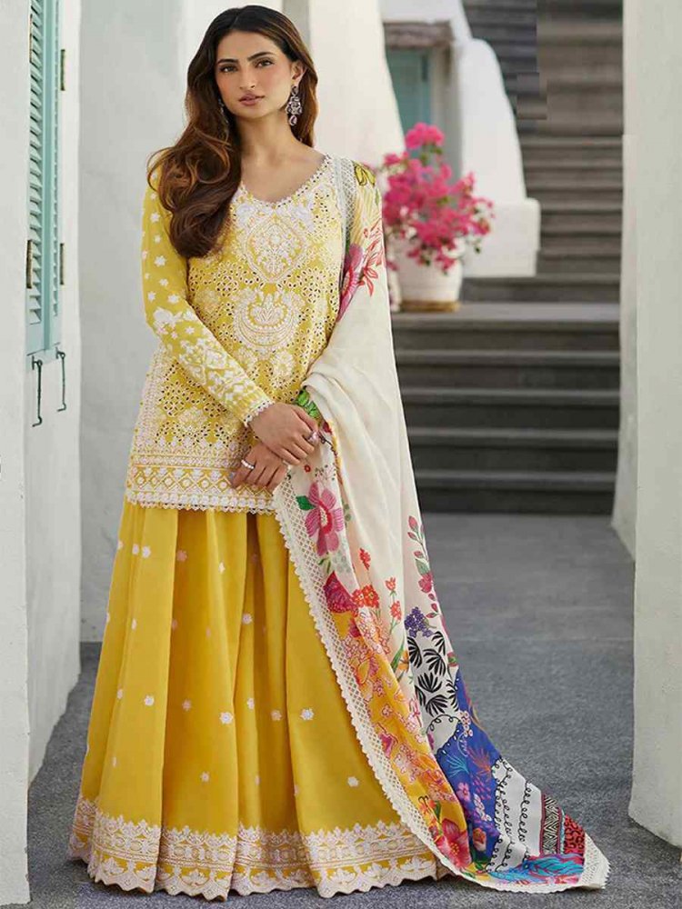 Yellow Rayon Cotton Embroidered Festival Casual Sharara Pant Salwar Kameez