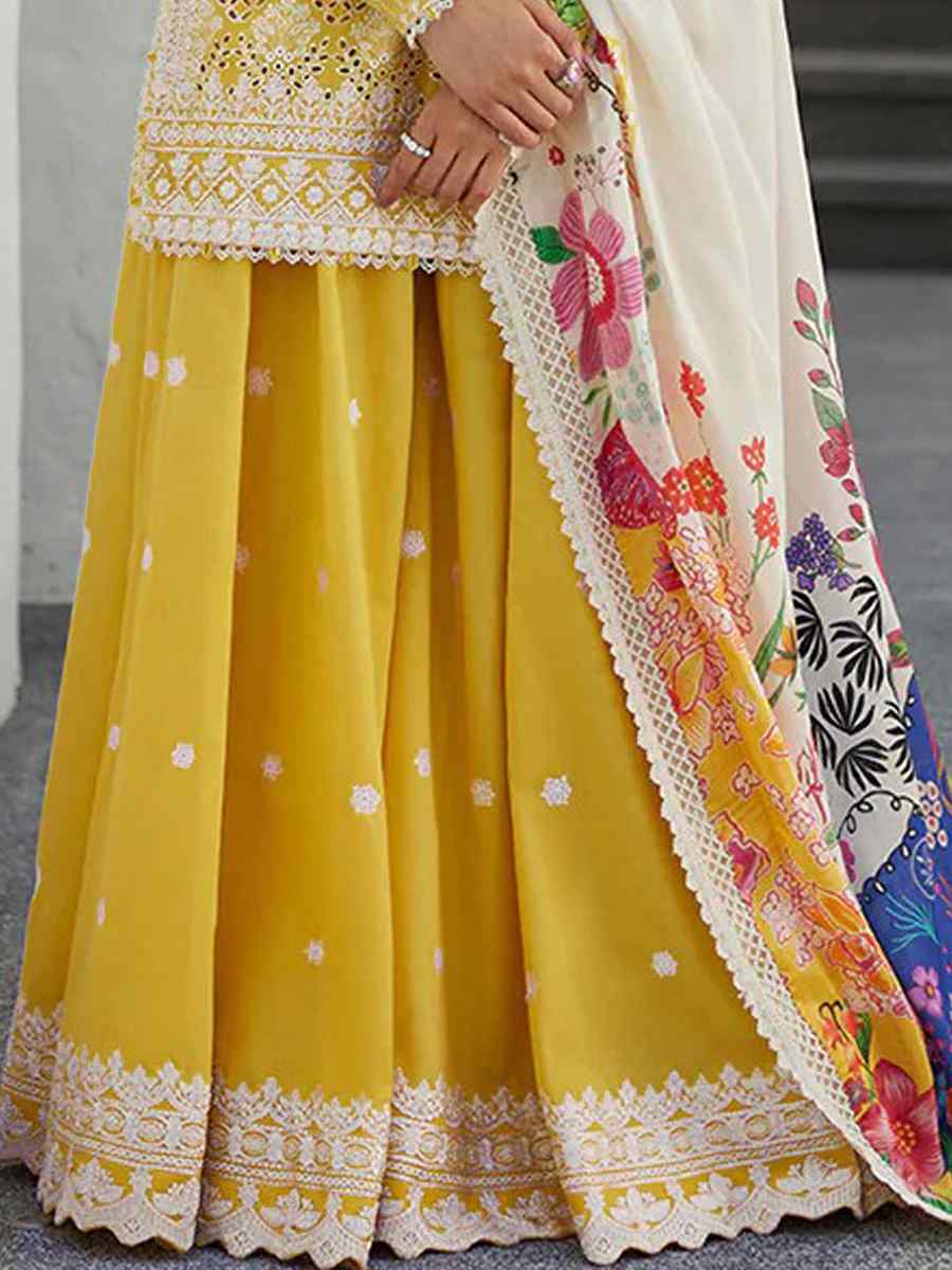 Yellow Rayon Cotton Embroidered Festival Casual Sharara Pant Salwar Kameez