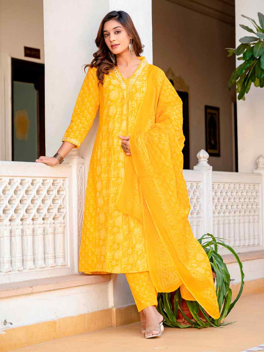 Yellow Rayon Embroidered Festival Casual Anarkali Salwar Kameez