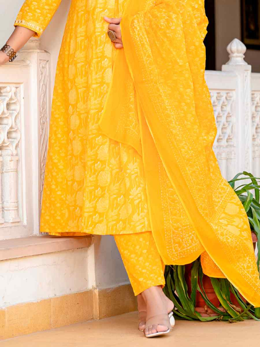 Yellow Rayon Embroidered Festival Casual Anarkali Salwar Kameez