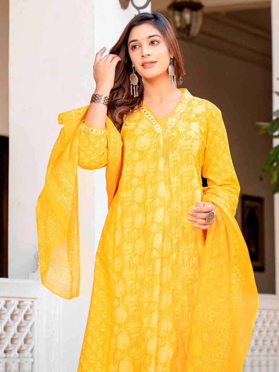 Yellow Rayon Embroidered Festival Casual Anarkali Salwar Kameez