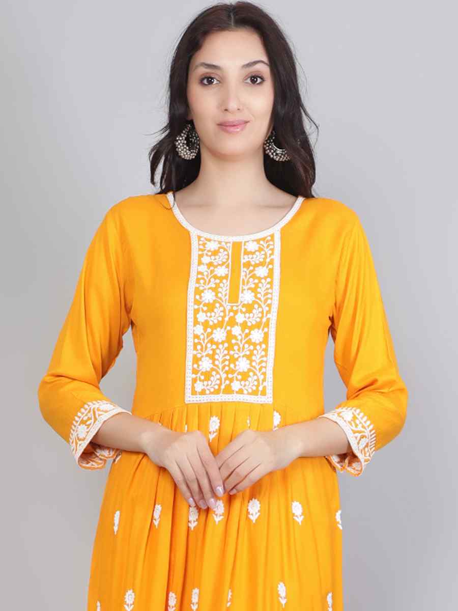 Yellow Rayon Embroidered Festival Casual Kurti