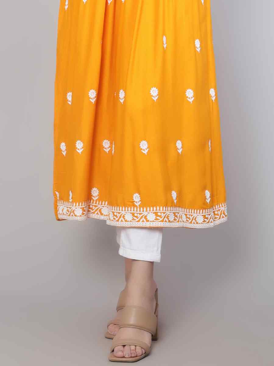 Yellow Rayon Embroidered Festival Casual Kurti