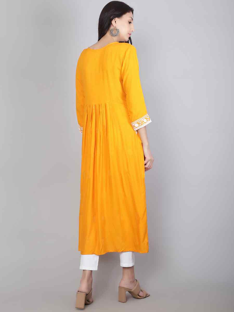 Yellow Rayon Embroidered Festival Casual Kurti