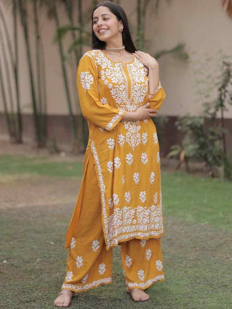 Yellow Rayon Embroidered Festival Casual Ready Pant Salwar Kameez
