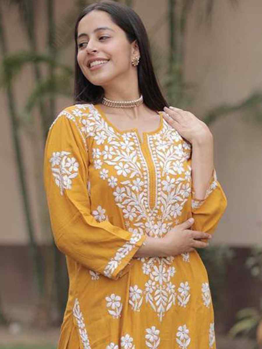 Yellow Rayon Embroidered Festival Casual Ready Pant Salwar Kameez