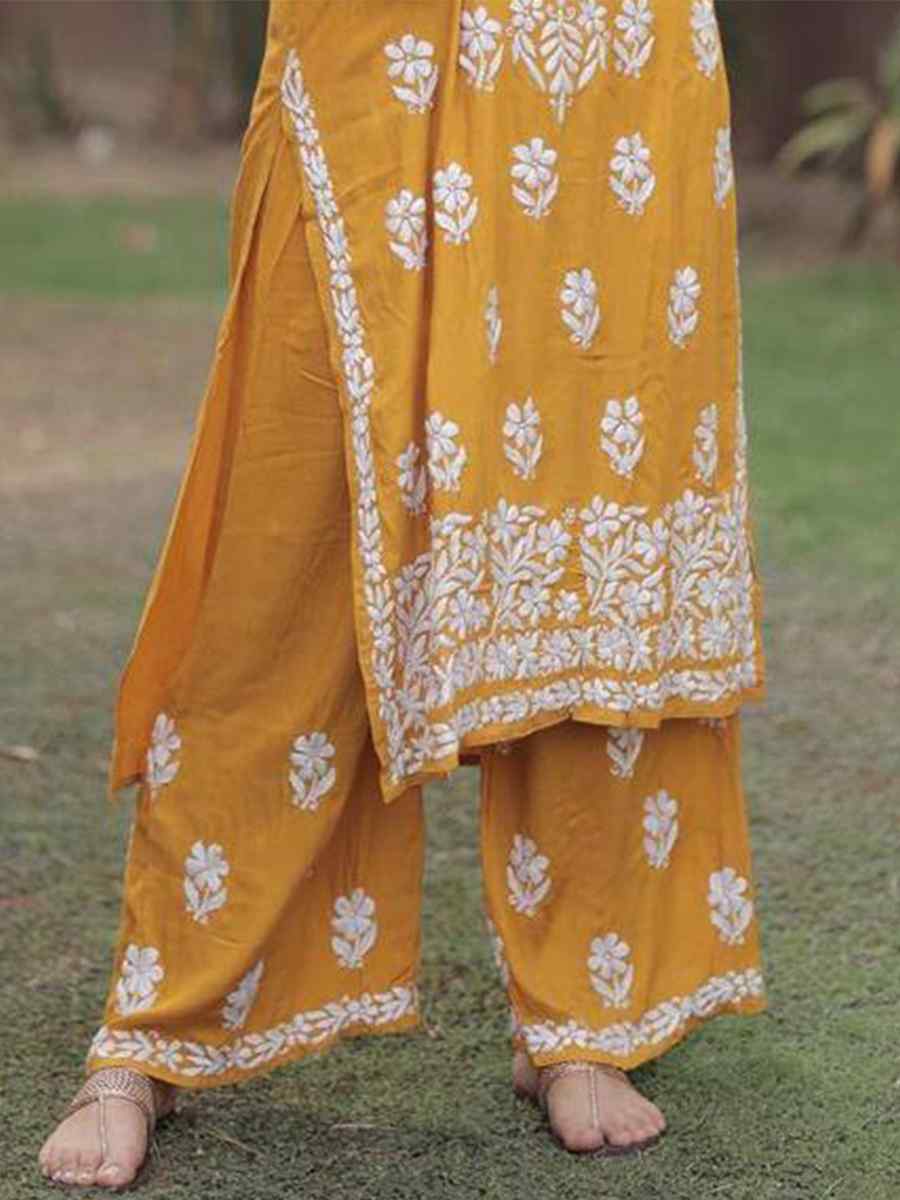 Yellow Rayon Embroidered Festival Casual Ready Pant Salwar Kameez