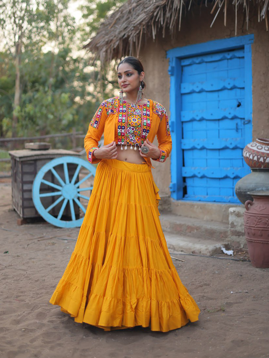 Yellow Rayon Embroidered Festival Wedding Circular Lehenga Choli