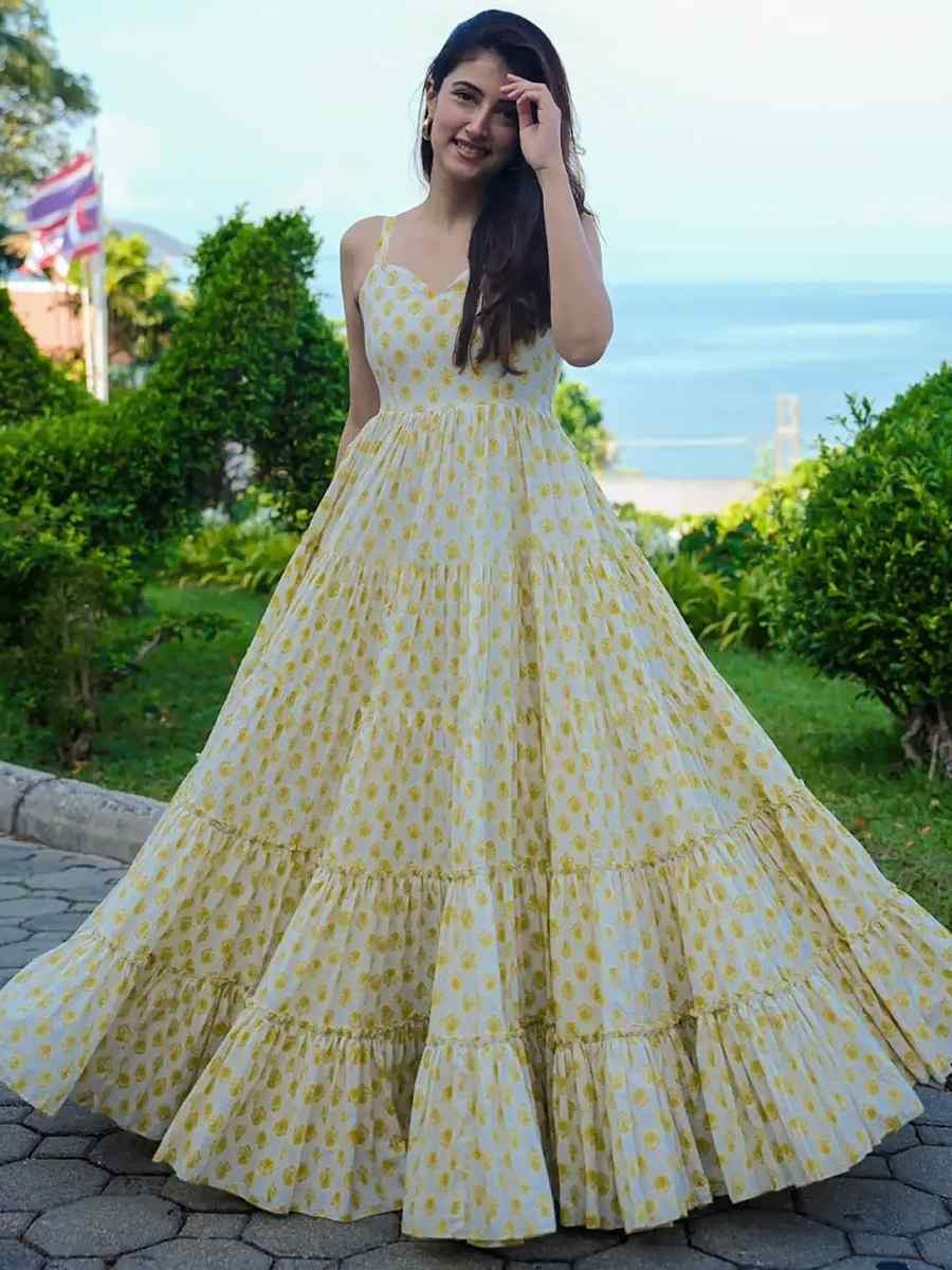 Yellow Rayon Printed Festival Mehendi Gown