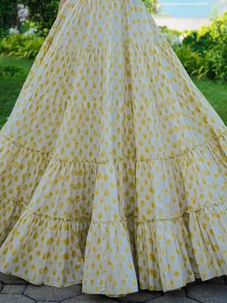 Yellow Rayon Printed Festival Mehendi Gown