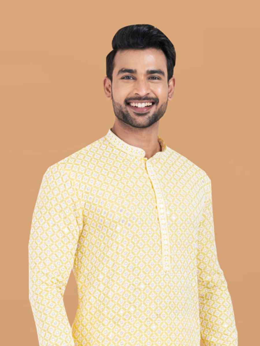 Yellow Rayon Printed Festival Wedding Kurta Pyjama Men's Wear