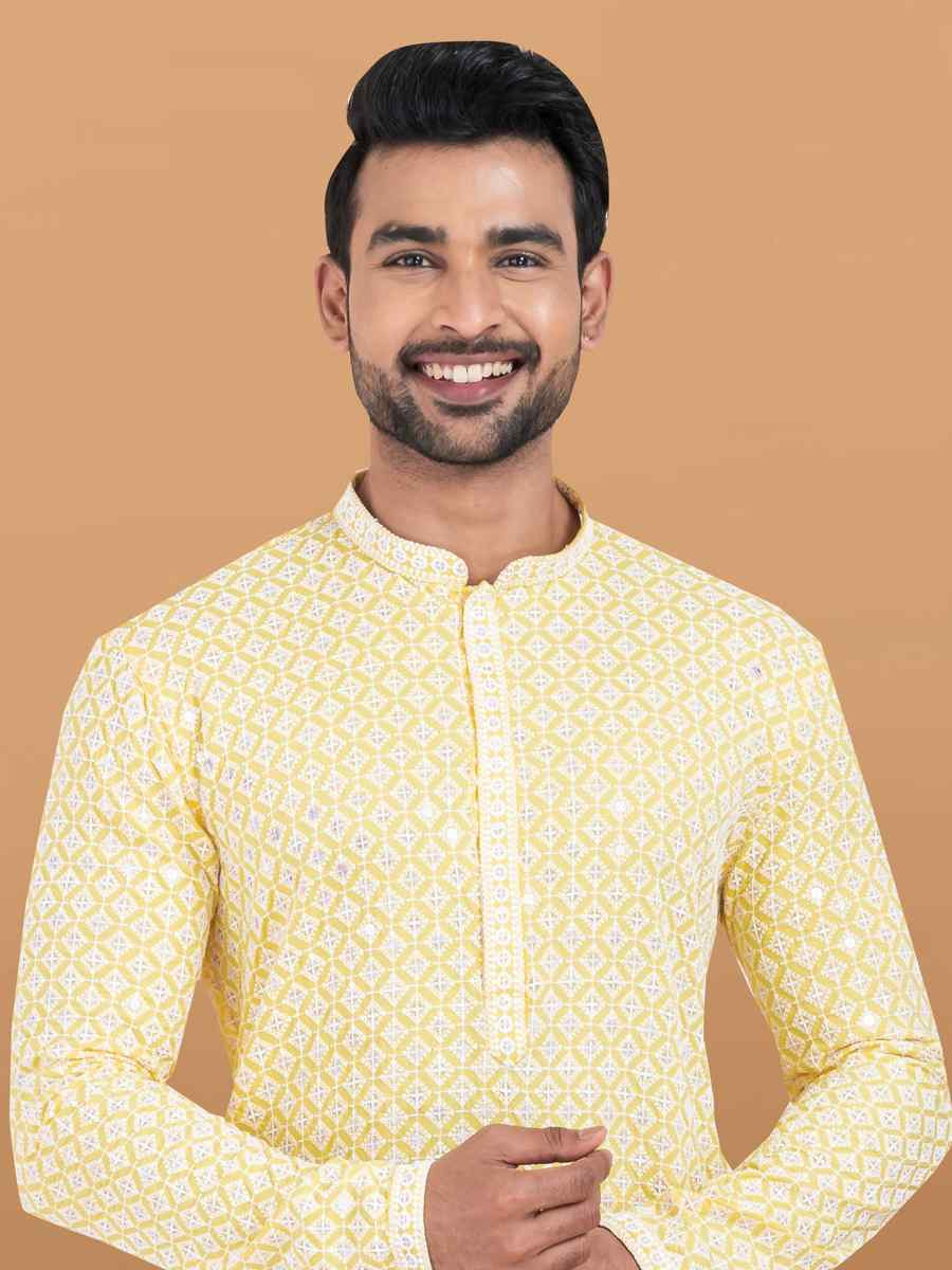 Yellow Rayon Printed Festival Wedding Kurta Pyjama Men's Wear