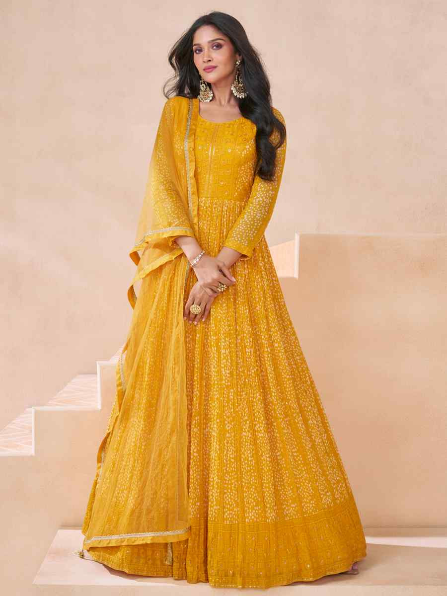 Yellow Real Georgette Embroidered Festival Casual Gown