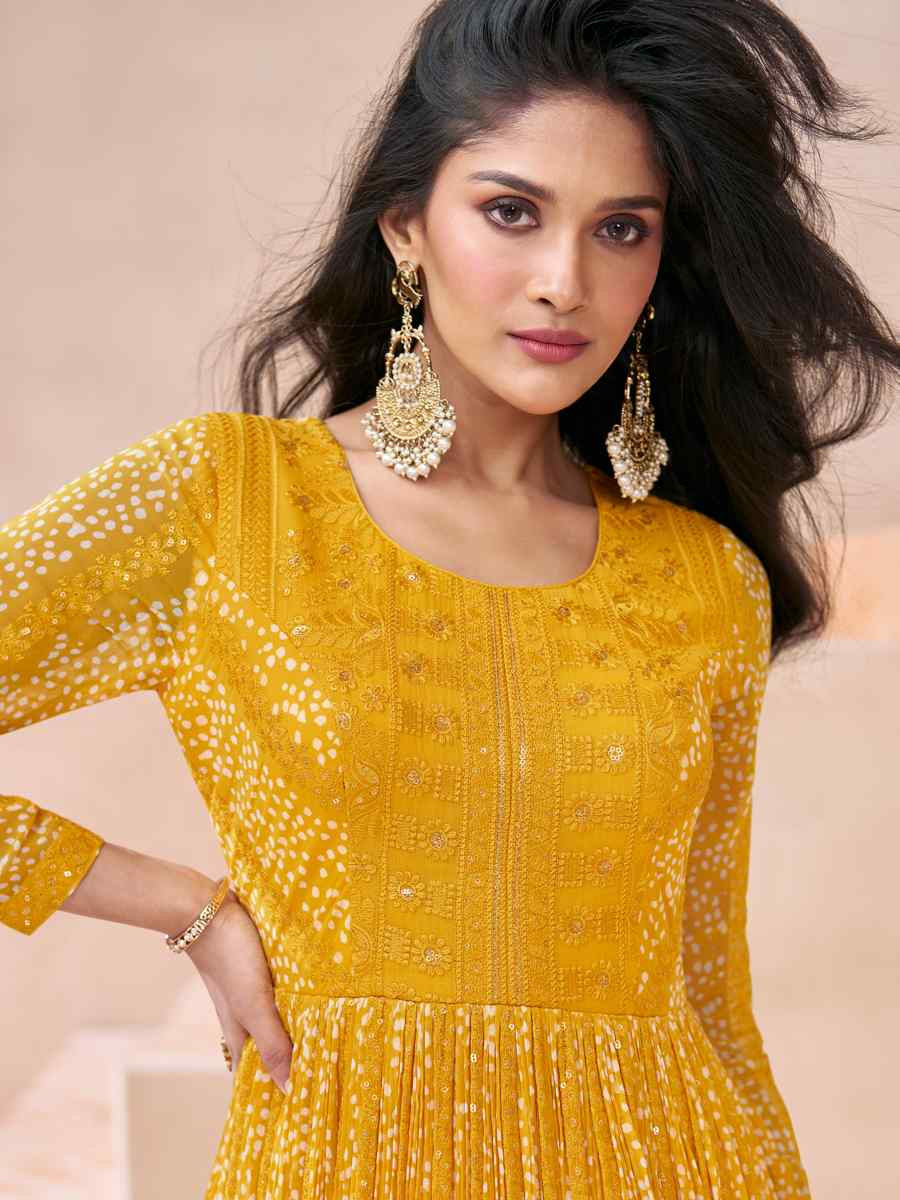 Yellow Real Georgette Embroidered Festival Casual Gown