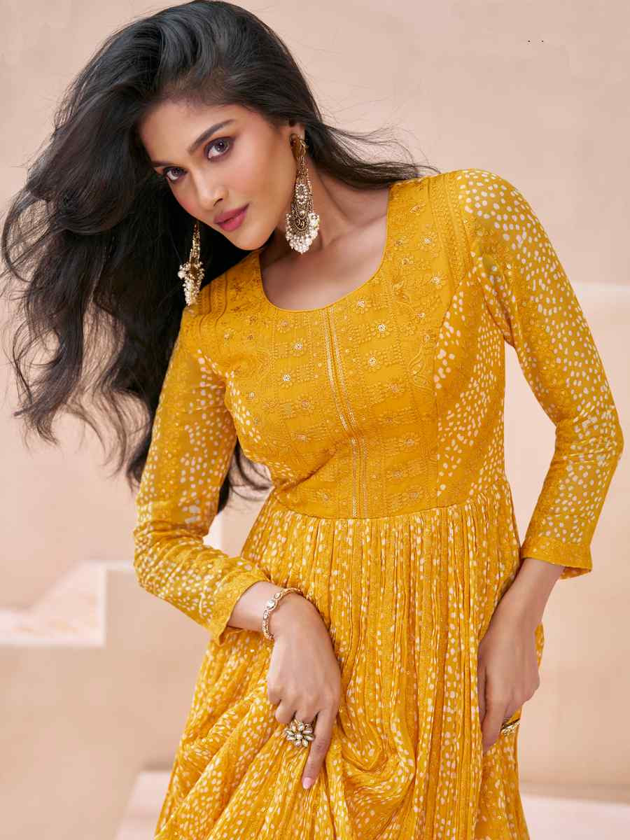 Yellow Real Georgette Embroidered Festival Casual Gown