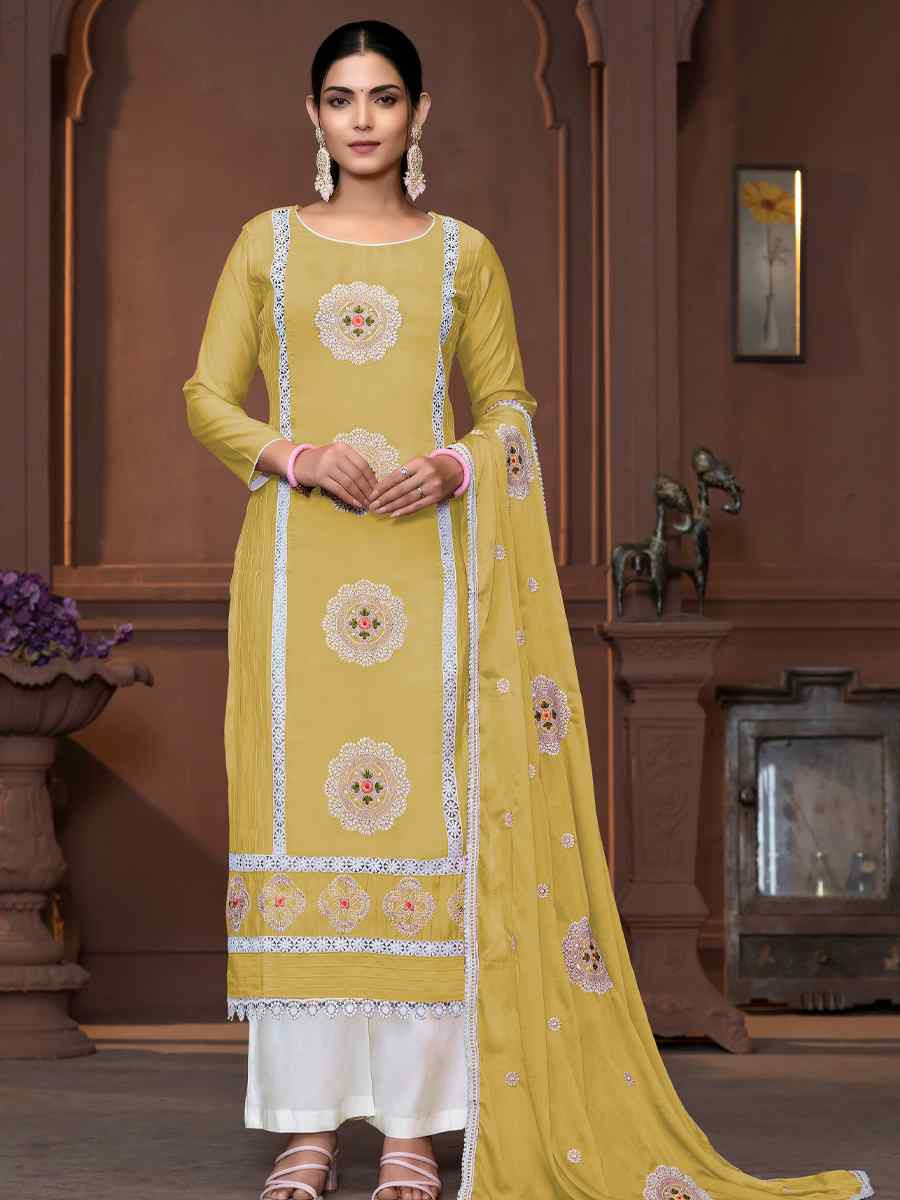 Yellow Roman Silk Embroidered Casual Festival Pant Salwar Kameez